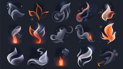 a collection of stylized smoke and fire elements against a dark backdrop, with varying shapes, colors, and effects