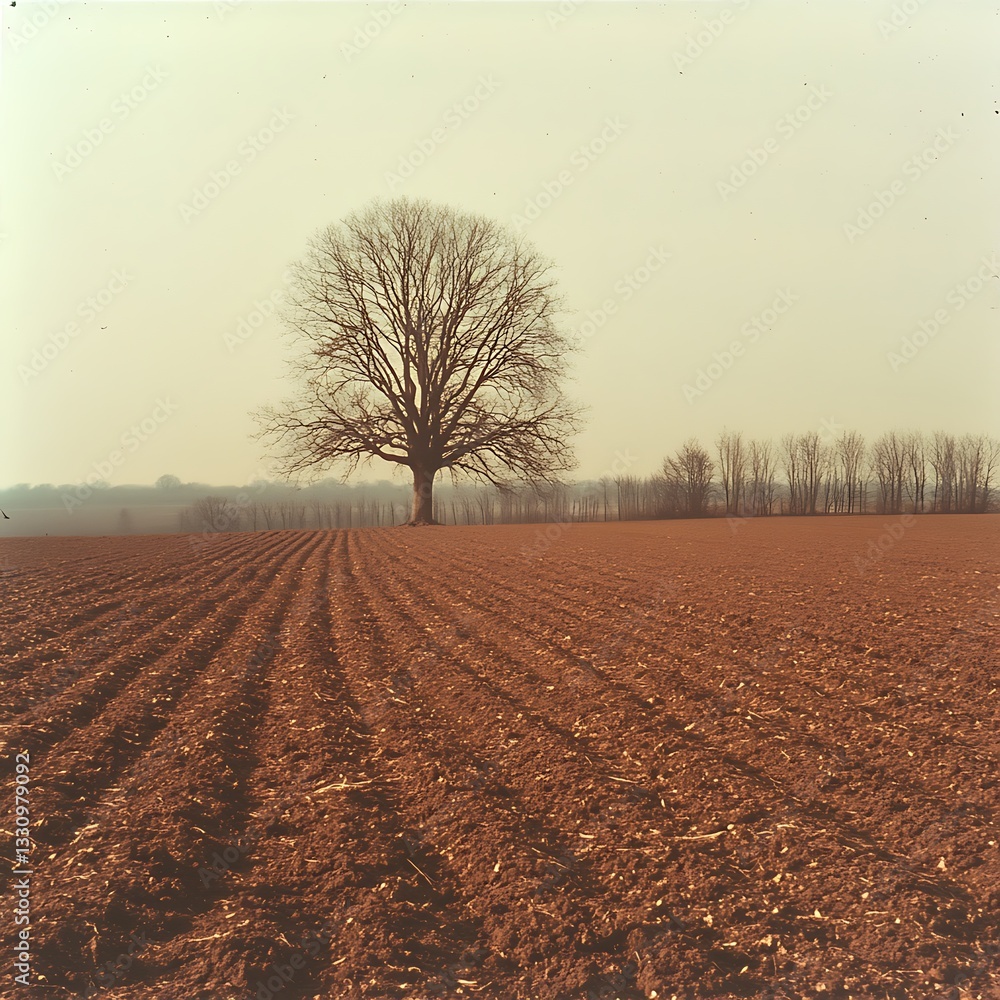 Poster leafless tree cluster surrounded by a plowed field under an overcast sky, featuring muted tones and 