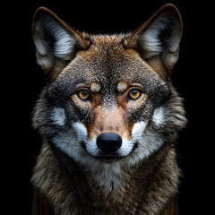 Fototapeta premium A striking close-up portrait of a coyote staring directly into the camera, set against a dark background.