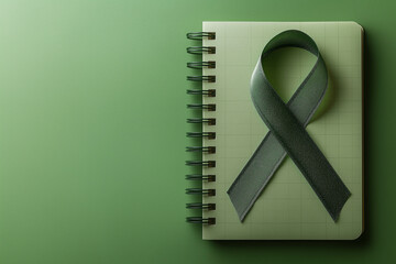 green cancer ribbon on notebook lying on dark table top view, world day to fight cancer and support. symbol Lymphoma cancer and mental health awareness
