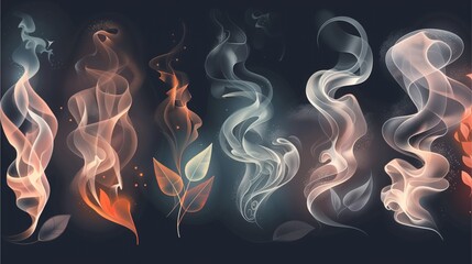 a collection of stylized smoke or vapor effects in various colors, and shapes with some leaves