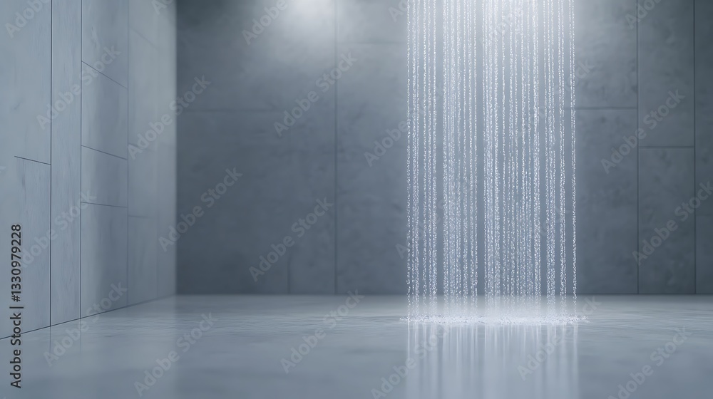 Aufkleber modern minimalist interior with a waterfall feature and concrete walls illuminated by soft lighting.