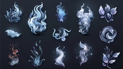 a collection of artistic smoke and water graphic elements in cool shades. The collection includes various abstract shapes and flowing designs