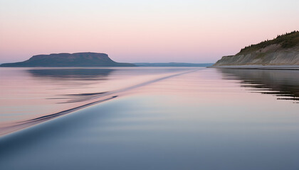 Fototapeta premium Serene sunset over calm water, reflecting pastel hues on a tranquil lake. Distant hills and cliffs create a peaceful landscape.