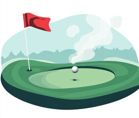Cartoon Golf Putting Green with Red Flag and Smoke Effect
