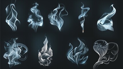 an array of artistic smoke patterns on dark background, conveying an ethereal, dreamlike atmosphere