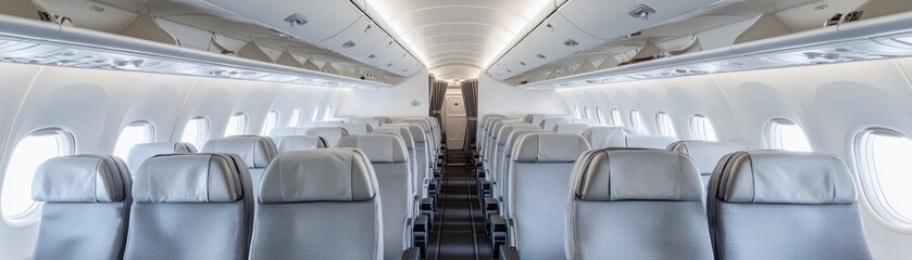 Empty airplane interior with rows of seats and a bright passenger cabin ambiance.