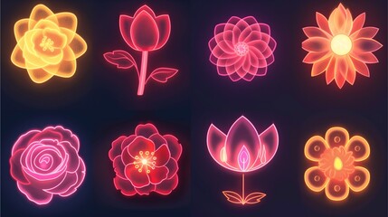 glowing flowers of different shapes and colors arranged on a dark background. The flowers are of various floral arrangements. Their colorful glow adding a touch of elegance