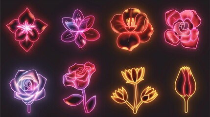 a set of stylish neon flowers illuminated in various vibrant colors against a dark background