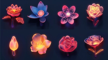 glowing fantasy flowers of various types, displayed against a dark backdrop