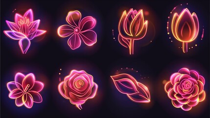 a collection of beautiful, glowing flowers with a neon effect, each in a different shape