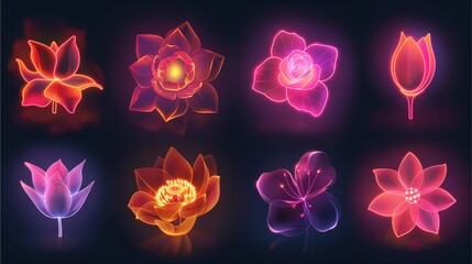 glowing flowers illuminated in a vibrant neon colors, arranged on a dark backdrop. Each flower features intricate details