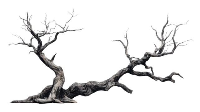Gnarled dead tree branches reaching across transparent background