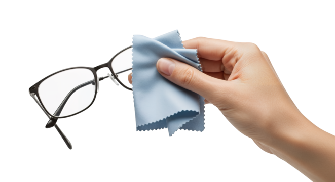 Hand cleaning eyeglasses with microfiber cloth isolated on white or transparent png background