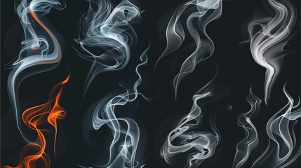 smoke art of various shapes in different colors on a dark backdrop. The smoke appears to be swirling and dynamic, adding a sense of motion