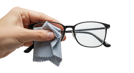 Hand cleaning eyeglasses with microfiber cloth isolated on white or transparent png background