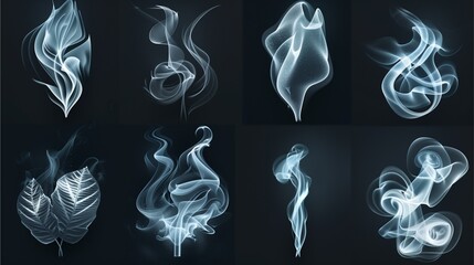 an assortment of artistic smoke effects displayed on a dark backdrop, showcasing elegant patterns