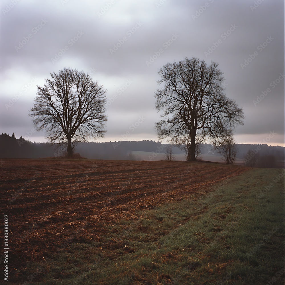Poster leafless tree cluster surrounded by a plowed field under an overcast sky, featuring muted tones and 