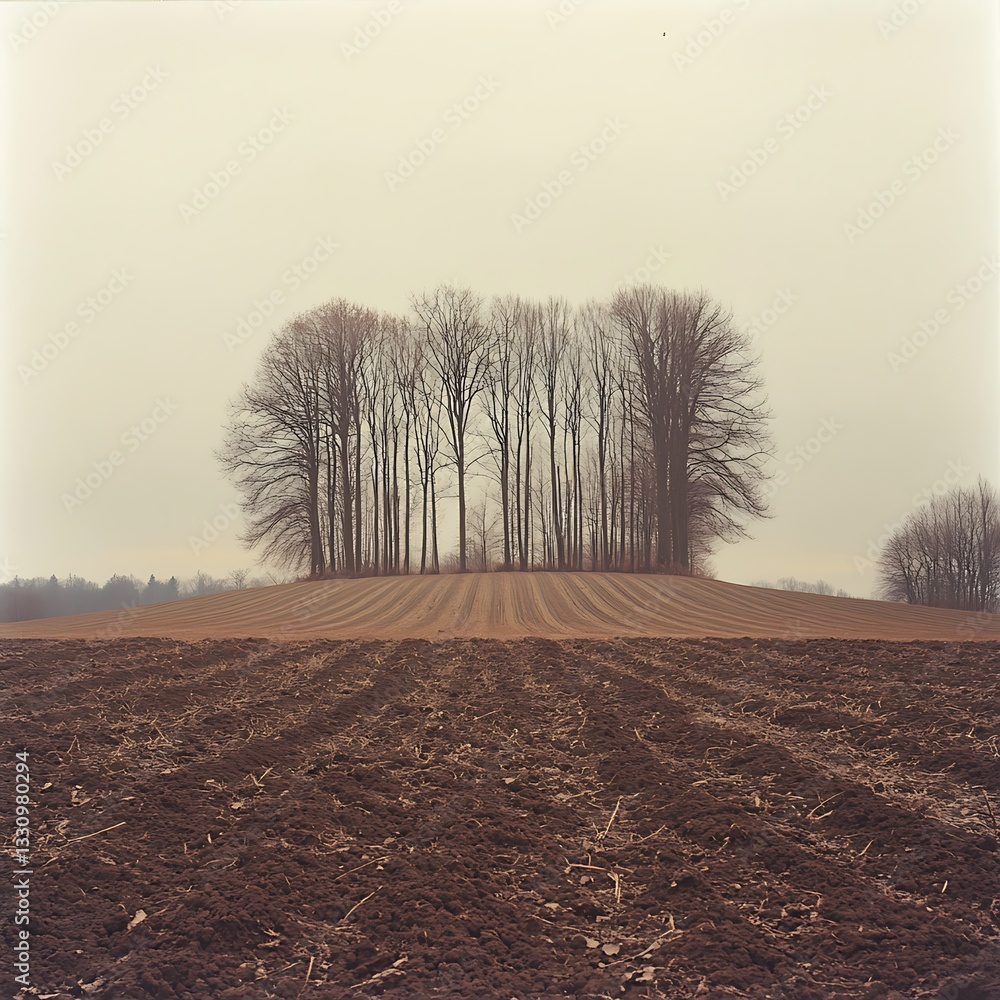 Poster leafless tree cluster surrounded by a plowed field under an overcast sky, featuring muted tones and 