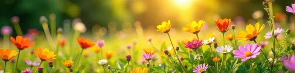 Fototapeta premium Gentle breeze sweeps through wildflowers, sunlight filters through, pastel, bloom