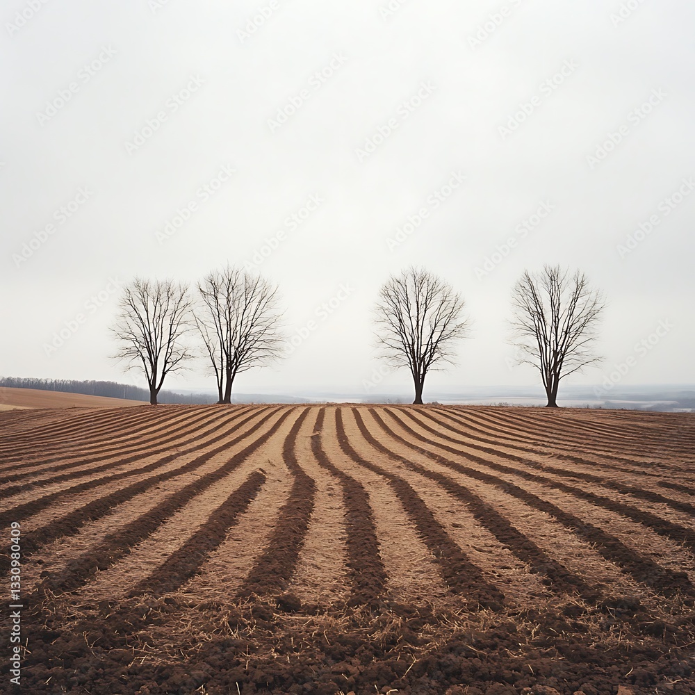 Poster leafless tree cluster surrounded by a plowed field under an overcast sky, featuring muted tones and 
