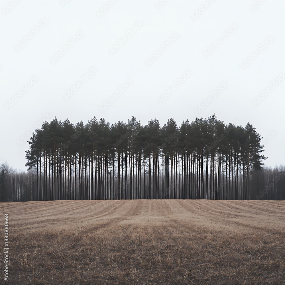 Poster leafless tree cluster surrounded by a plowed field under an overcast sky, featuring muted tones and 