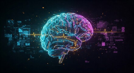 Glowing digital brain with neural connections, circuits, and data nodes, symbolizing artificial intelligence, deep learning, and advanced computation