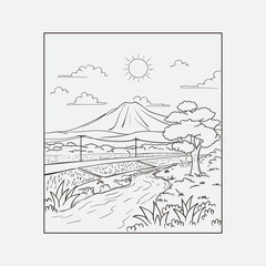 Naklejka premium A beautifully illustrated landscape depicting a serene mountain view, gently winding river, and a tranquil sunlit sky perfect for design projects, relaxation themes, or nature-focused concepts.