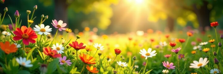 Sunlit meadow, vibrant wildflowers bloom in goddess's path, flora, bloom