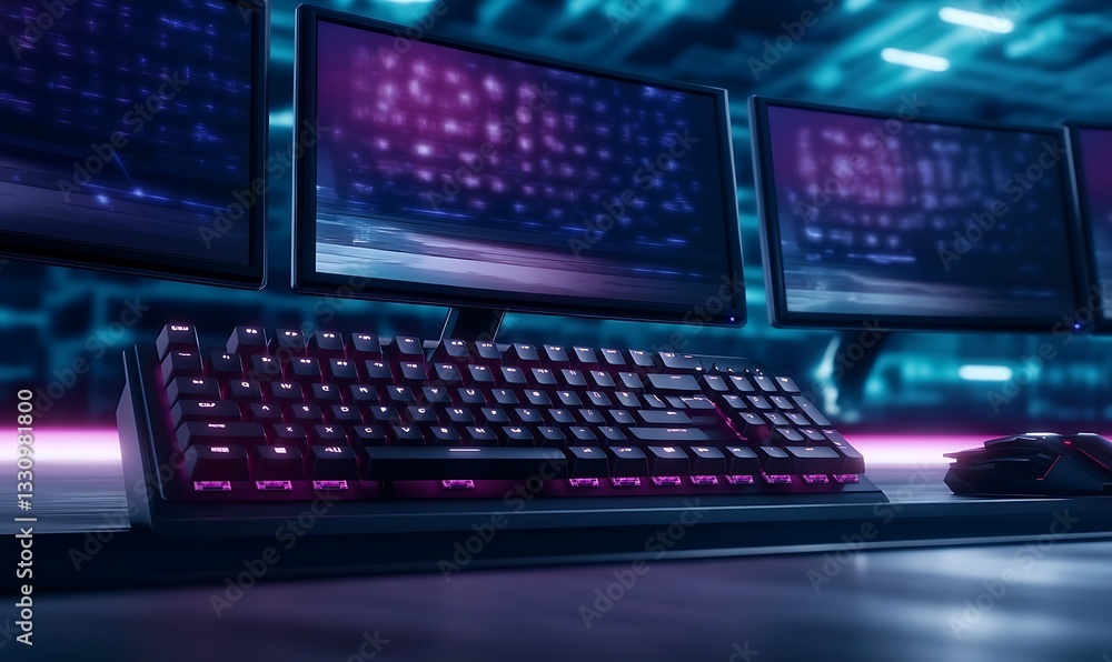 Aufkleber Gaming setup with illuminated keyboard and multiple monitors in a vibrant, tech-inspired environment.