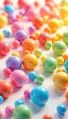 Vibrant rainbow plastic balls scattered on white , bright, happy