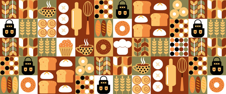Bread and pastries abstract background. Geometric pattern bakery menu bread, croissant, donut, cupcakes. Pastries and dessert in trendy style, seamless pattern with icons related to bakery, cafe.