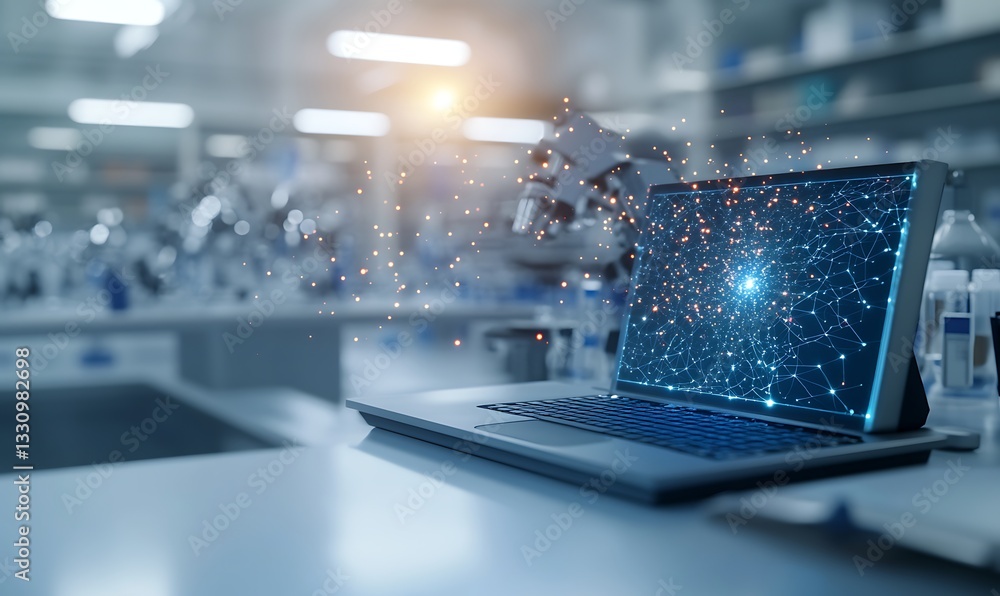 Aufkleber futuristic laptop showcasing digital data in a modern laboratory setting.