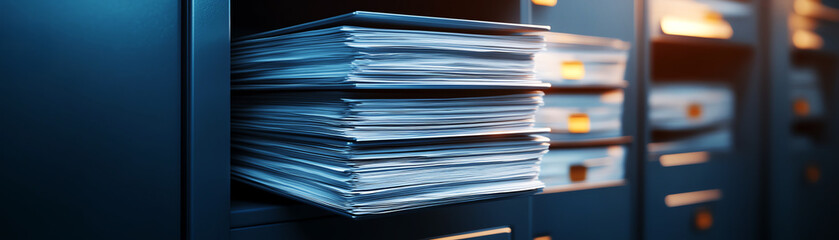 Close-up of organized files in office cabinet, efficiency and organization in business setting.