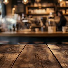 Rustic wooden table in a cozy cafe, with blurred coffee machines and bar in the background.