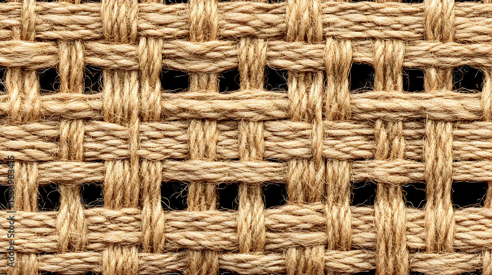 Poster close-up detailed shot of a woven textile texture; natural fiber, burlap-like, showing intricate cri