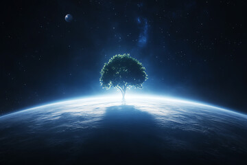 Majestic tree standing on cosmic landscape, illuminated against a starry night sky on Earth.