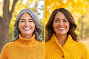 Obraz premium Two mature women one with salt and pepper hair and the other with rich brown hair wearing cozy autumn outfits posing together in a golden fall outdoor setting representing warmth and friendship