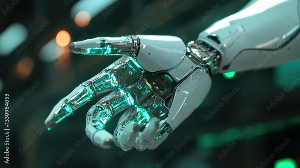 Poster futuristic robot hand with transparent elements and glowing features