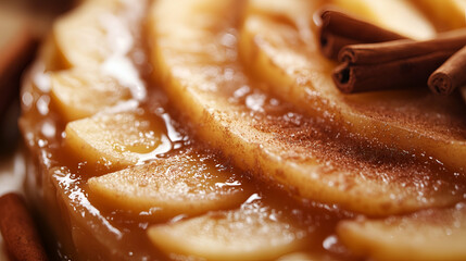 A close-up of a caramelized apple tart topped with golden apple slices and a dusting of cinnamon.
