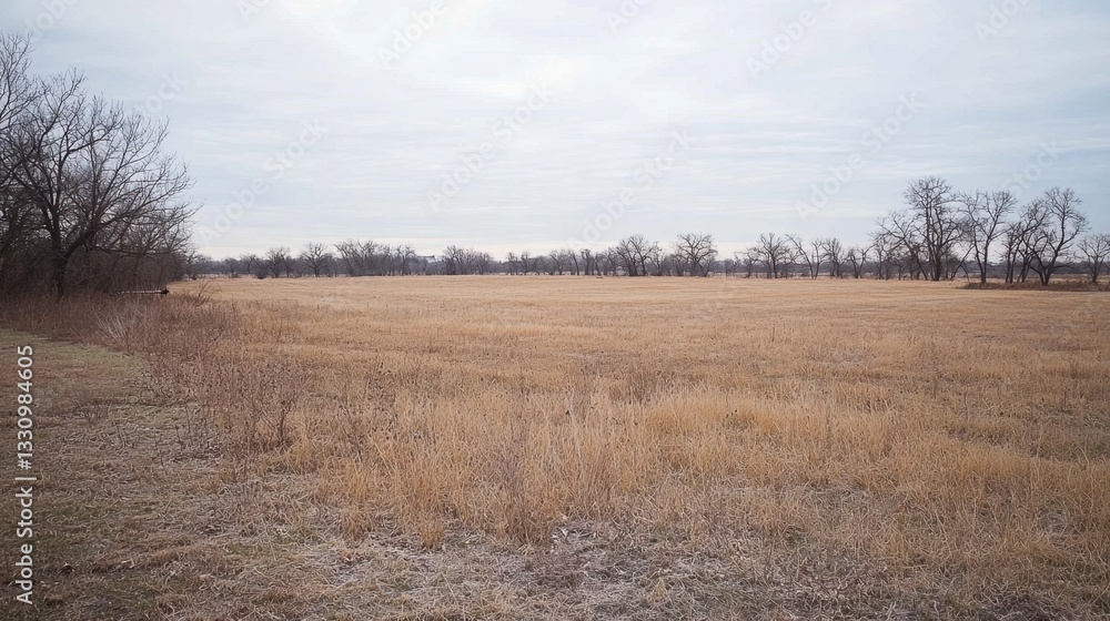 Poster an open field under a gray sky, void of movement, filled only with a sense of emptiness.