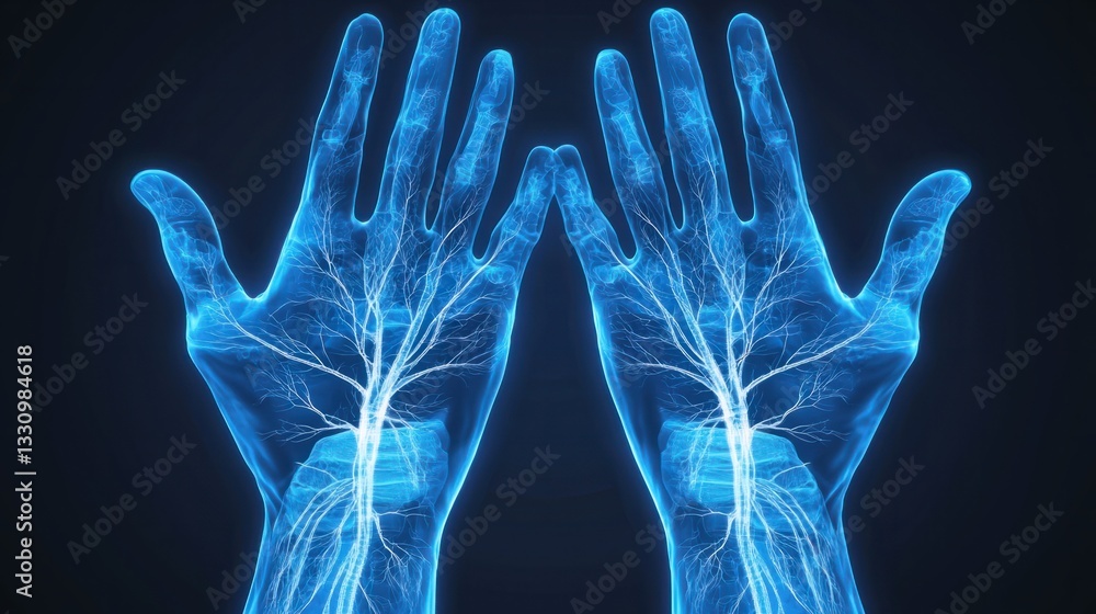 Poster hands with glowing neural pathways representing human connection