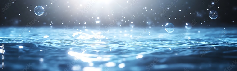 Poster calm water surface with sparkling reflections and gentle ripples under soft light.