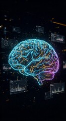Glowing digital brain with neural connections, circuits, and data nodes, symbolizing artificial intelligence, deep learning, and advanced computation in a futuristic high-tech environment.