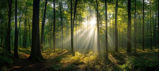 Dramatic sunbeams illuminating misty forest path through towering trees in wide natural vista for eco-tourism campaigns and mindfulness app visuals.
