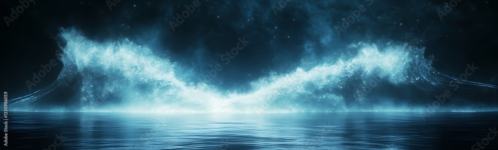 Poster majestic waves illuminated in a dark setting, creating a serene and mystical atmosphere.