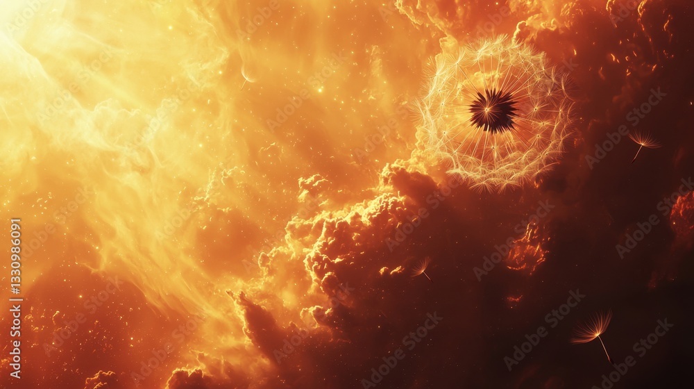 Poster dandelion seeds float effortlessly through the golden sky, each one a delicate messenger of change a