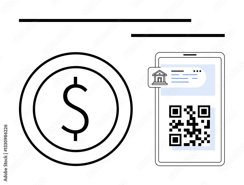 Aufkleber dollar coin next to smartphone displaying qr code and banking elements. ideal for finance, fintech, 