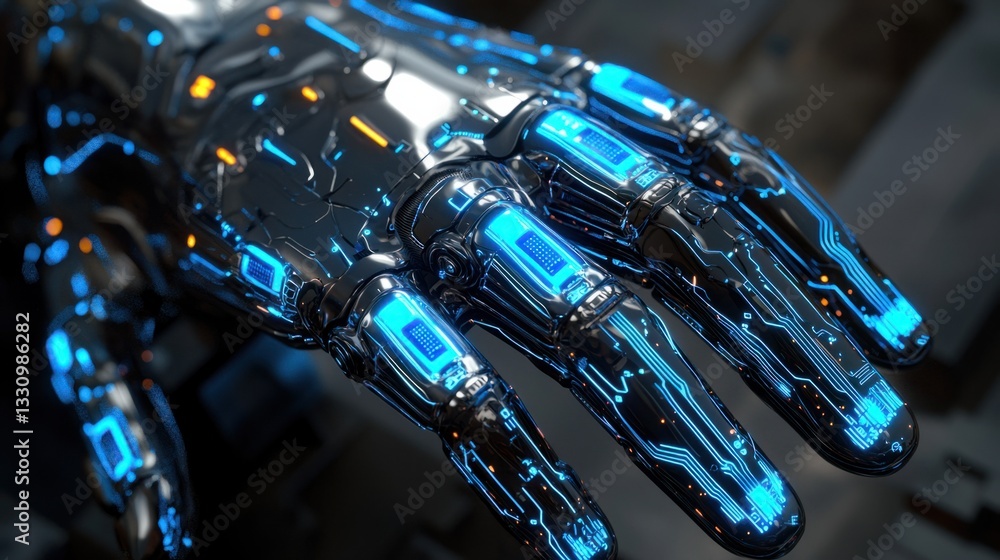 Poster futuristic robotic hand with led circuit design and technology elements