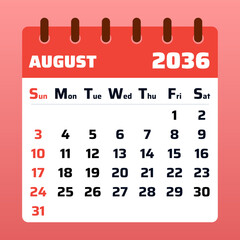 August 2036 Calendar Template. Flat vector illustration monthly planner. August 2036 Calendar Layout. Tropical theme. Vector design